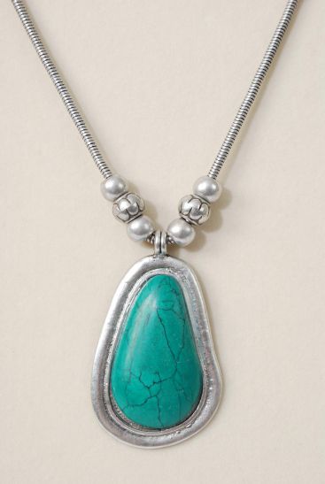 Necklace Thick Snake Chain Pear Shape Semiprecious Stone Pendant Green / PC Green Turquoise , Pendant Size - 2.5" x 1.75 Wide , 18" Long Extension Chain , Hang Tag & OPP Bag & UPC Code 