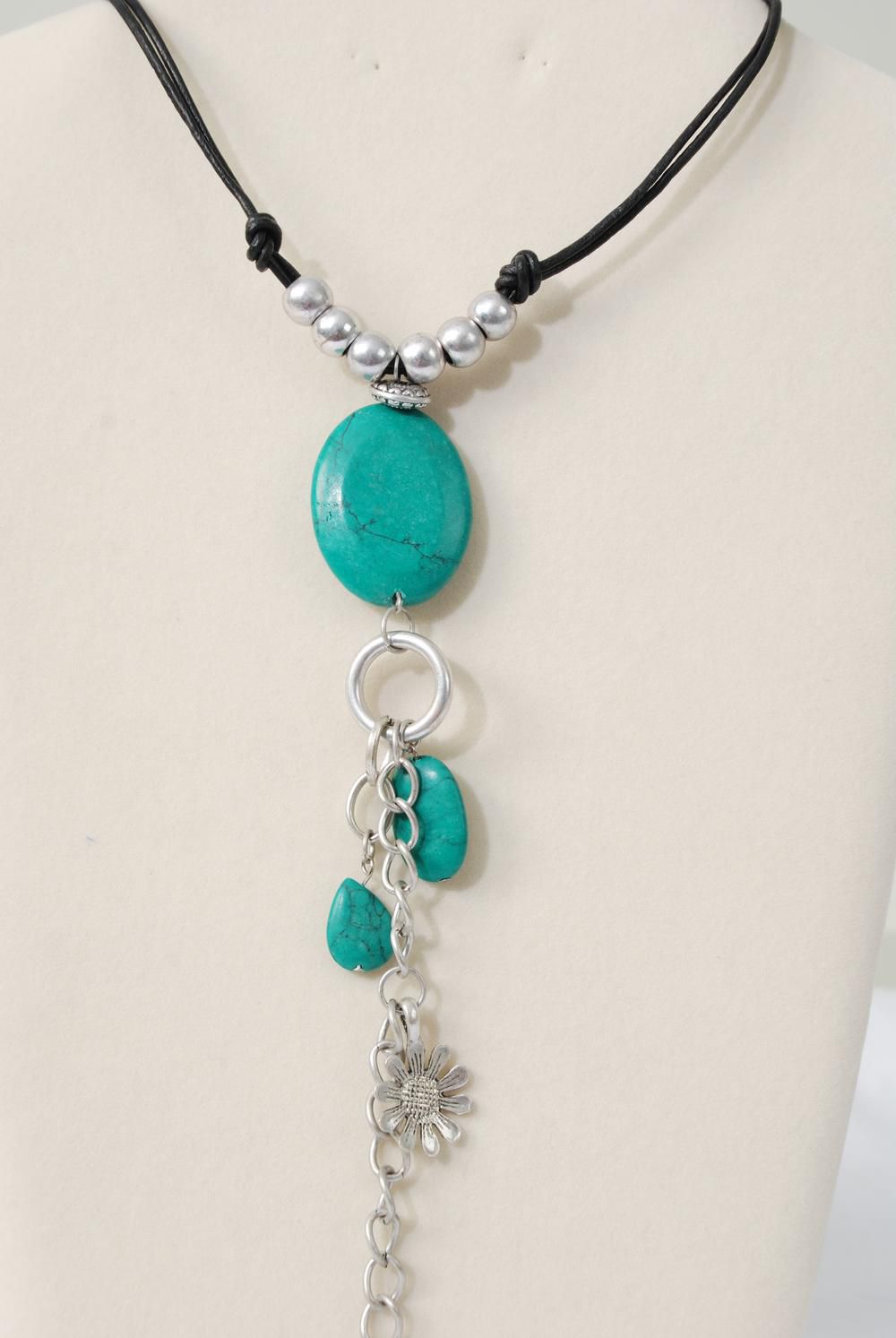 Necklace Black Leather Cord Semiprecious Stone Pendant / PC