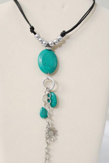 Necklace Black Leather Cord Semiprecious Stone Pendant / PC Green Turquoise , 27" Long w extension chain , Hang tag & Opp Bag & UPC Code
