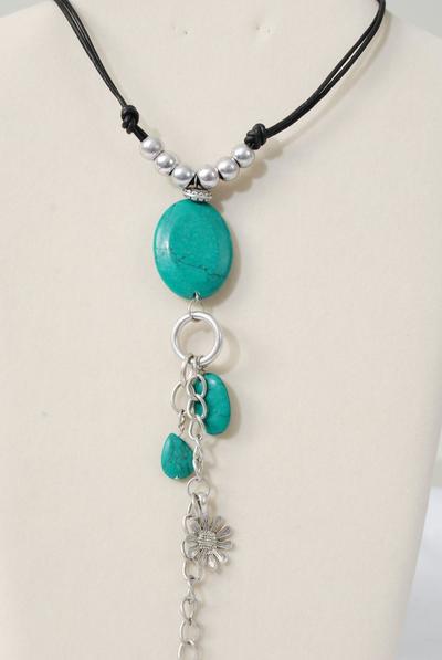Necklace Black Leather Cord Semiprecious Stone Pendant / PC Green Turquoise , 27" Long w extension chain , Hang tag & Opp Bag & UPC Code
