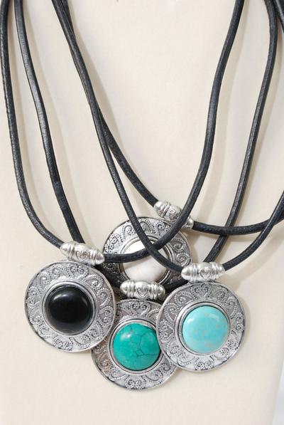 Necklace Black Real Leather Cord Real Semiprecious Stone Pendant / PC  20" Long Extension Chain , Pendant Size - 2" Wide , Choose Colors , Hang tag & Opp Bag & UPC Code