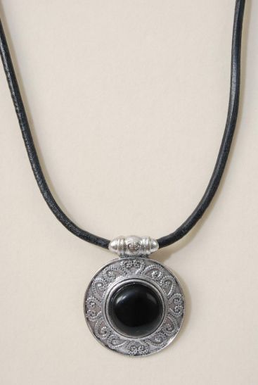 Necklace Black Real Leather Cord Real Semiprecious Stone Pendant Black / PC Black , 20" w Extension Chain , Pendant Size - 2" Wide , Hangtag & Opp Bag & UPC Code