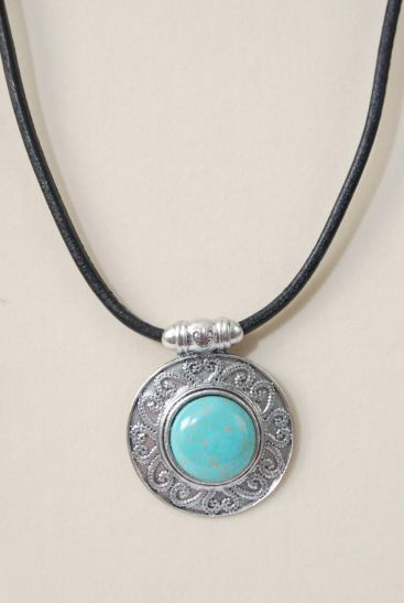 Necklace Black Real Leather Cord Real Semiprecious Stone Pendant Blue / PC Blue Turquoise , 20" w Extension Chain , Pendant Size - 2" Wide , Hangtag & Opp Bag & UPC Code