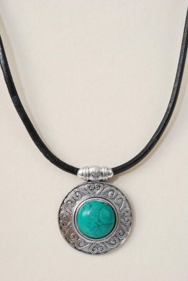 Necklace Black Real Leather Cord Real Semiprecious Stone Pendant Green / PC Green Turquoise , 20" w Extension Chain , Pendant Size - 2" Wide , Hangtag & Opp Bag & UPC Code