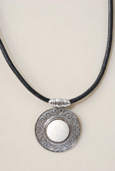 Necklace Black Real Leather Cord Real Semiprecious Stone Pendant Ivory / PC Ivory , 20" w Extension Chain , Pendant Size - 2" Wide , Hangtag & Opp Bag & UPC Code