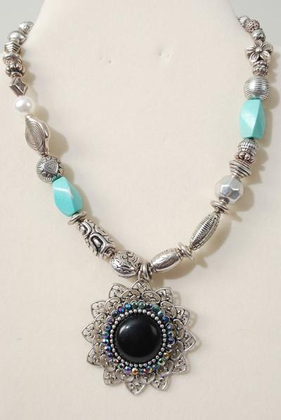 Necklace Antique Aztec Western Look Semiprecious Stone / PC  Pendant Size - 2.5" Wide , 18" Long w Extension Chain , Hang tag & Opp Bag & UPC Code 