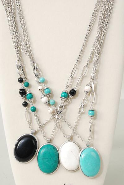 Necklace Fancy Chain Semiprecious Stone Pendant / PC  Pendant Size - 1.75" x 1.25" Wide , 30" Long , Display Card & OPP Bag & UPC Code , Choose Colors