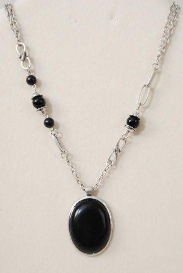 Necklace Fancy Chain Real Semiprecious Stone Pendant Black / PC Black , Pendant Size - 1.75" x 1.25" Wide , 30" Long Display Card & OPP Bag & UPC Code 
