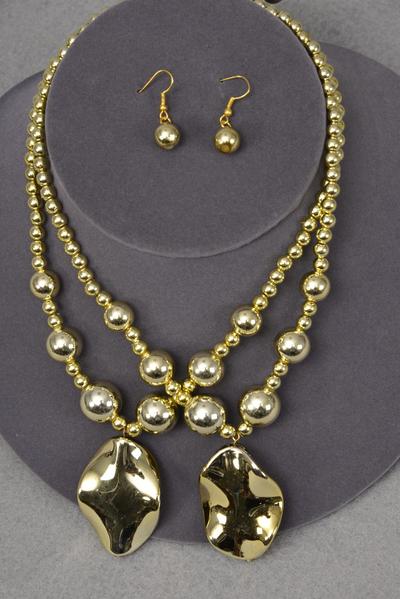 Necklace Sets Gold Bead w Oval Pendant / 12 Sets = Dozen Gold , Size - 20", Hang Tag & OPP Bag & UPC Code