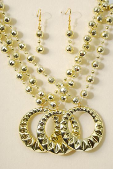 Necklace Sets Diamond Cut Bead w Round Pendant Gold / 12 Sets = Dozen Gold , 20" Long , Pendant - 2" Wide , Hang Tag & OPP Bag & UPC Code 