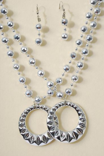 Necklace Sets Diamond Cut Bead w Round Pendant Silver / 12 Sets = Dozen Silver ,  20" Long , Pendant - 2" Wide , Hang Tag & OPP Bag & UPC Code 