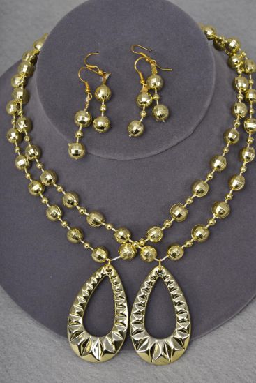 Necklace Sets Diamond Cut Bead w Teardrop Pendant Gold / 12 Sets = Dozen Gold - Size - 20" Long , Hang tag & OPP Bag & UPC Code