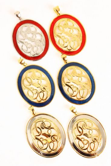 Pendant Initial Oval Shape Enamel Asst / 12 pcs = Dozen Asst , Size - 2.75 " x 2.25" Wide , 4 Gold Red , 4 Silver , 4 Gold Blue Color Asst , OPP Bag