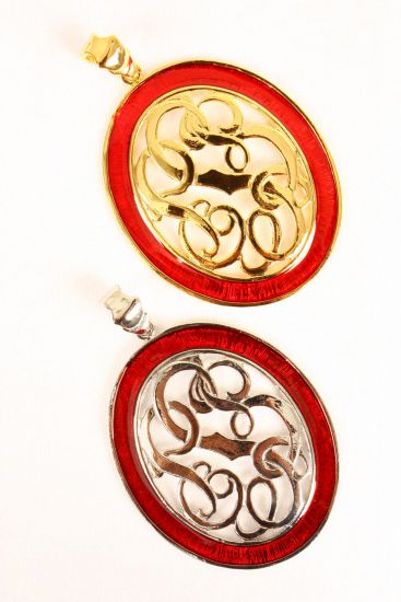 Pendant Initial Oval Shape Enamel Gold Red / 12 pcs = Dozen Gold Red , Size - 2.75 "x 2.25" Wide , OPP Bag