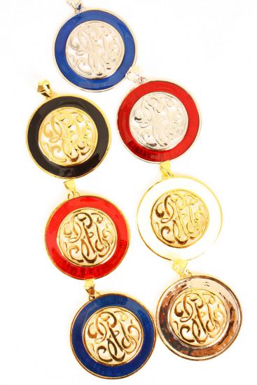 Pendant Initial Round Shape Enamel Asst / 12 pcs = Dozen  Asst, Size - 2.5" Wide , 2 Silver , 2 White , 2 Black , 2 Silver Red , 2 Silver Blue , 2 Gold Blue Color Asst ,  W OPP Bag