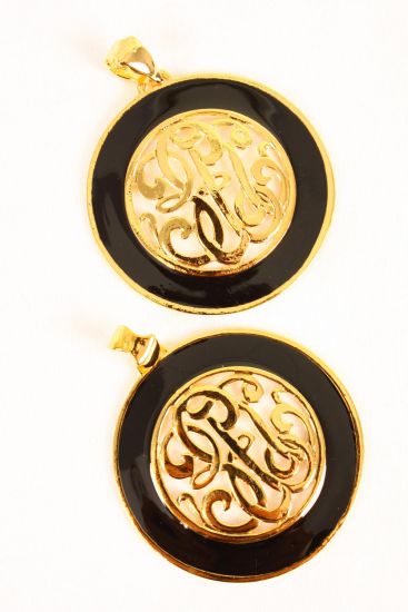 Pendant Initial Round Shape Enamel Gold Black / 12 pcs = Dozen Black Gold , Size - 2.5" Wide , W OPP Bag