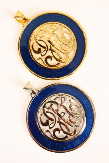 Pendant Initial Round Shape Enamel Gold Blue / 12 pcs = Dozen Blue Gold , Size - 2.5" Wide , W OPP Bag