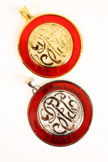 Pendant Initial Round Shape Enamel Silver Red / 12 pcs = Dozen  Silver Red , Size - 2.5" Wide , W Opp Bag 