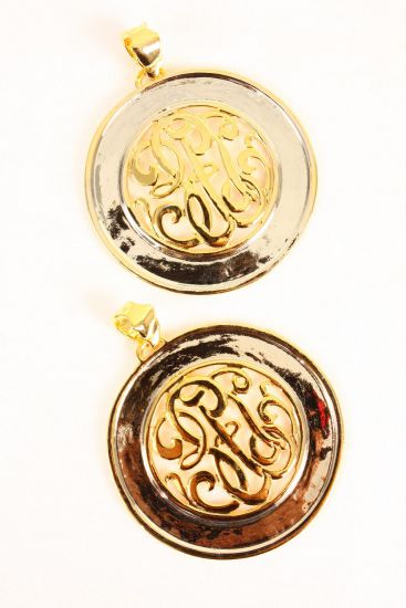 Pendant Initial Round W Enimal Twotone Mix / 12 pcs = Dozen 2 tone Silver , Size - 2.5" Wide , w OPP bag