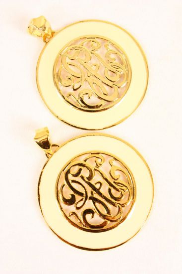 Pendant Initial Round Shape Enamel White / 12 pcs = Dozen  White , Size - 2.5" , w OPP Bag