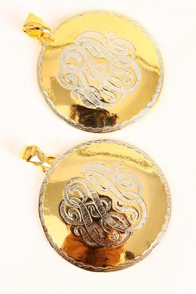 Pendant 2-tone Initial / 12pc= Dozen Size - 2.5" x2.5" Wide , OPP Bag