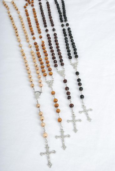 Necklace 6 mm Wooden Beads Crucifix Mother Virgin Mary Rosary Browntone mix / 12 pcs = Dozen Size - 32" Long , 3 Black , 3 Dark Brown , 3 Medium Brown , 3 Beige Color Asst , Hang Tag & OPP Bag & UPC Code