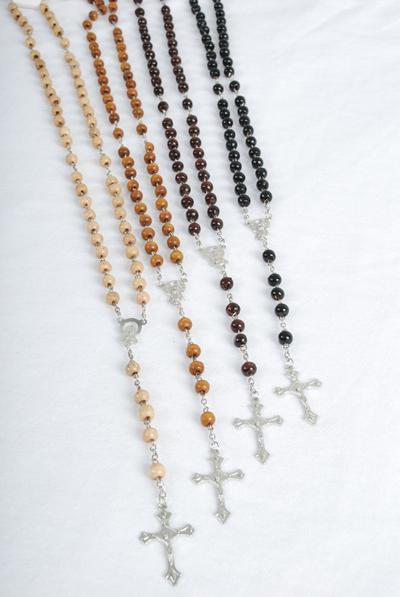 Necklace 6 mm Wooden Beads Crucifix Mother Virgin Mary Rosary Beads / 12 pcs = Dozen Size-32" Long , Hang Tag & OPP Bag & UPC Code , Choose Colours