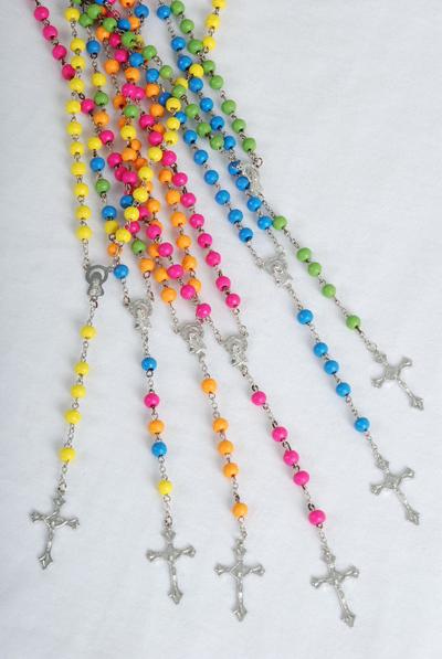 Necklace 6 mm Wooden Beads Crucifix Mother Virgin Mary Rosary Beads / 12 pcs = Dozen Size - 32" Long , Hang Tag & OPP Bag & UPC Code , Choose Colours