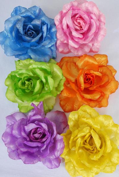 Flower Silk Flower Rose Jumbo Metallic Pastel / 12 pcs Flower = Dozen Pastel , Size - 6" Wide , Alligator Clip , Brooch , 2 of each Color Asst , Display Card & UPC Code , W Clear Box