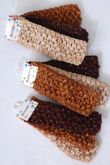 Ballerina Headband 36 pcs Brown Tone Mix / 12 card = Dozen Stretch ,Size-1.75" Wide , 4 of each Pattern Asst, each card have 3 pcs , 12 card = Dozen , Hang tag & UPC Code