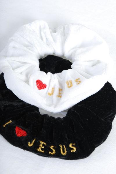 Scrunchies Velvet Embroidery Jesus Stretch / 12 pcs = Dozen Jesus , Stretch , Size - 6" x 2" Dia Wide , W OPP Bag