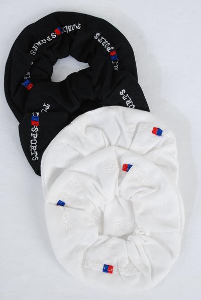 Scrunchies Cotton Embroidery Stretch / 12 pcs = Dozen Stretch , Size - 6" x 2" Dia Wide , Choose Multi Or Black White Mix , w OPP Bag