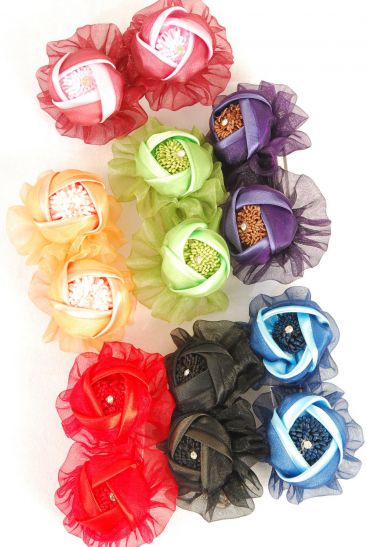 Hair Bow Flower Satin Hair Tie Multi / 12 pcs Bow = Dozen Elastic Pony , Flower Size - 2.5" Wide , 2 Red , 2 Black , 2 Navy , 2 Burgundy , 2 Purple , 1 Green , 1 Orange Mix , Clip Strip