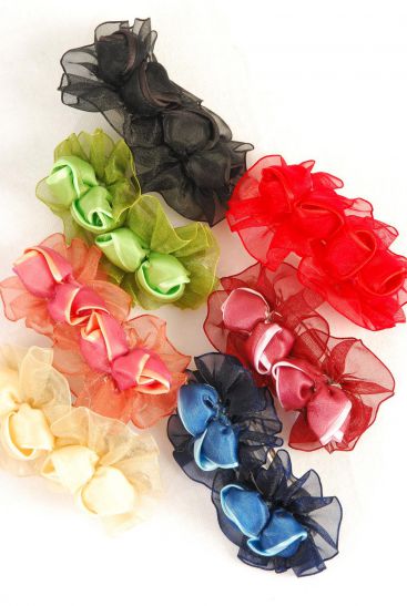Hair Bow Flower Multi Satin French Clip / 12 pcs Bow = Dozen French Clip , Size - 4" x 2.5" , 2 Red , 2 Black , 2 Navy , 2 Burgundy , 2 Purple , 1 Green , 1 Mauve Mix, Hang Tag & Clip Strip