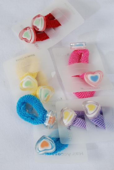 Elastic Terry Hair Ties 24 pcs Heart Charm Multi / 24 pcs = Dozen Color- 4 Pink , 2 Red , 2 Yellow , 2 Blue , 2 Lavender  Color Asst , OPP Bag & UPC Code , 2 pcs per Card , 12 Card = Dozen