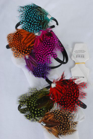 Headband Horseshoe Feathers Multi / 12 pcs = Dozen Color - 2 Fuchsia , 2 Blue , 2 Red , 2 Orange , 2 Brown , 1 Purple , 1 Olive Green Color Asst , Hang tag & UPC Code , Clear Box