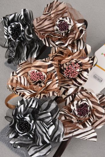 Headband Horseshoe Double Layered Chiffon Satin Fabric Mix Zebra Flower / 12 pcs =Dozen Flower Size - 5.5" Wide , 6 Black , 3 Dark Brown , 3 Light Brown Color Asst , Hang tag & UPC Code ,W Clear Box