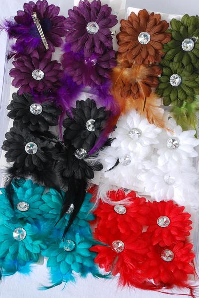 Flowers 24 pcs Feather Daisy Flowers Dark Multi / 24 pcs Flower = Dozen Alligator Clip , Flower-2.75" , 2 Black , 2 Blue , 2 White , 2 Purple , 2 Red , 1 Brown , 1 Olive Color Asst , Display Card & UPC Code , W Clear Box