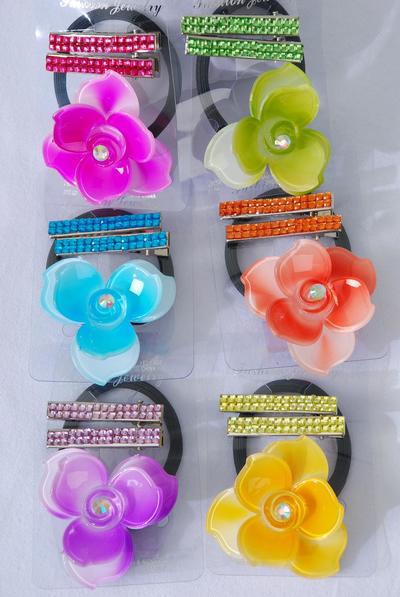 Hair Ties 36 pcs Elastic Flower & Alligator Clip Infinity Stones / 12 Card = Dozen Flowee Size-2.25" Wide , Alligator Clip , 2 of each Pattern Asst , Individual Display Card & Opp Bag & UPC Code .