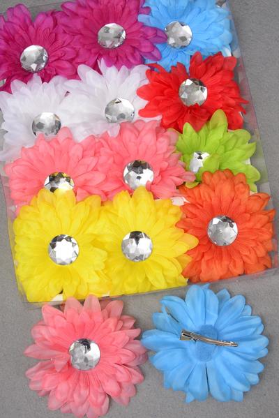 Flower Daisy Hair Clip Multi Alligator Clip / 12 pcs Flower = Dozen  Alligator Clip , Flower - 4.5" Wide , 2 Fuchsia , 2 Blue , 2 Yellow , 2 White , 2 Peach , 1 Orange , 1 Lime Color Asst , Display Card & UPC Code