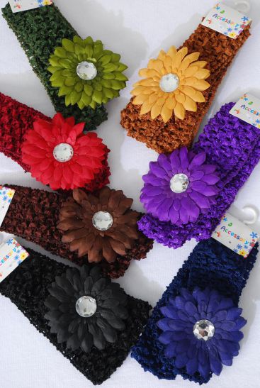 Ballerina Headband 24 pcs Daisy Flower Stretch Dark Multi / 12 card = Dozen Stretch , Ballerina - 1.5", Flower - 2.75" wide , 2 Black , 2 Brown , 2 Purple , 2 Burgundy , 2 Navy , 1 Camel , 1 Olive Green Mix .