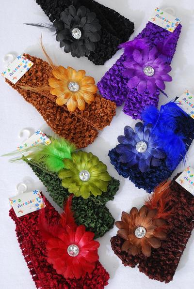 Ballerina Headband 24 pcs Daisy Flower Feathers / 12 card = Dozen  = Dozen Stretch , Ballerina - 1.5" Wide , Flower - 3" Wide , 2 Black , 2 Brown , 2 Purple , 2 Burgundy , 2 Navy , 1 Camel , 1 Olive Green Mix 