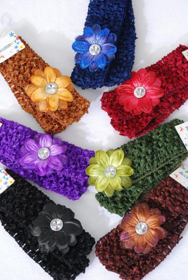 Ballerina Headband 24 pcs Metallic Flower Stretch Dark Multi / 12 card = Dozen  Stretch , Ballerina - 1.5" Wide , Flower - 2.5" Wide , 2 Black , 2 Brown , 2 Purple , 2 Burgundy , 2 Navy , 1 Camel , 1 Olive Green Mix