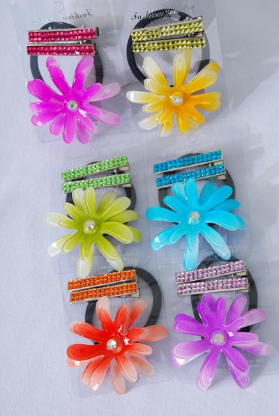 Hair Ties 36 pcs Elastic Daisy Flower & Alligator Clip Infinity Stones / 12 Card = Dozen Flower Size- 2.5" Wide , Alligator Clip ,2 of each Color Asst ,Individual Display Dard & Opp Bag & UPC Code