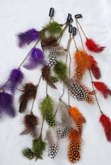 Feather Hair Extensions Dark Multi / 12 pcs = Dozen Size - 10" Long , 2 of each Color Asst , Display Card & OPP bag & UPC Code 