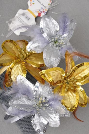 Headband Horseshoe Sequin Metallic Flower w Feathers Gold Silver Mix / 12 pcs = Dozen Flower  - 5" Wide , 6 Gold , 6 Silver Color Mix , Hang tag & UPC Code , w Clear Box
