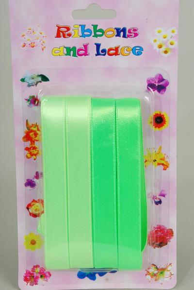 Ribbons Satin Lime Green Mix / 12 card = Dozen Lime Green Mix , each card has 4 yard Ribbons , UPC Code , 12 Card = Dozen