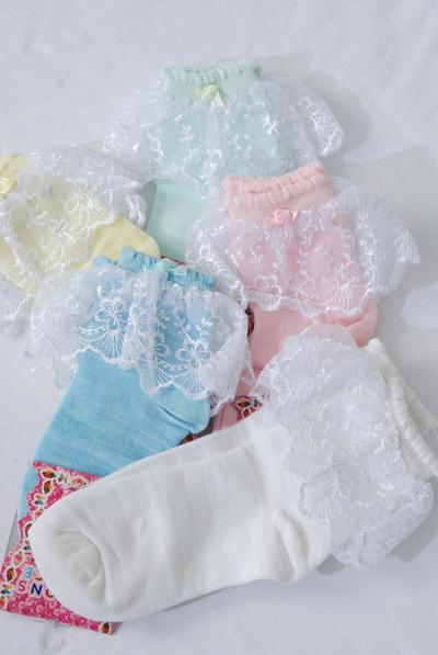 Socks Girls Lace Socks W Spandex Pastel / 12 pair = Dozen Pastel , Size - XL , Good Quality , 4 White , 2 Pink , 2 Blue , 2 Yellow ,  2 Mint color Asst 