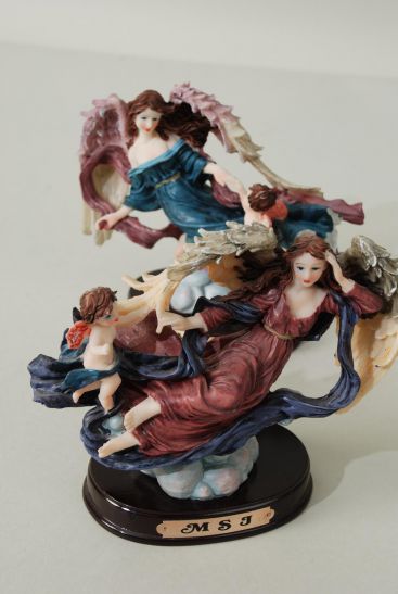 Figurine Angel on Cloud w Wooden Base / 12 pcs = Dozen Angel , Size - 6" x 4.5" x 2.5" Wide , 6 of each Color Asst , w Color Box & UPC Code