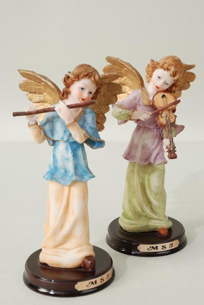 Figurine White Angel playing Instrument / 14 pcs Angel = Case Size-4"x 7.5" Wide , Wooden Base , 7 Of Each Pattern Asst , W Gift Box & UPC Code